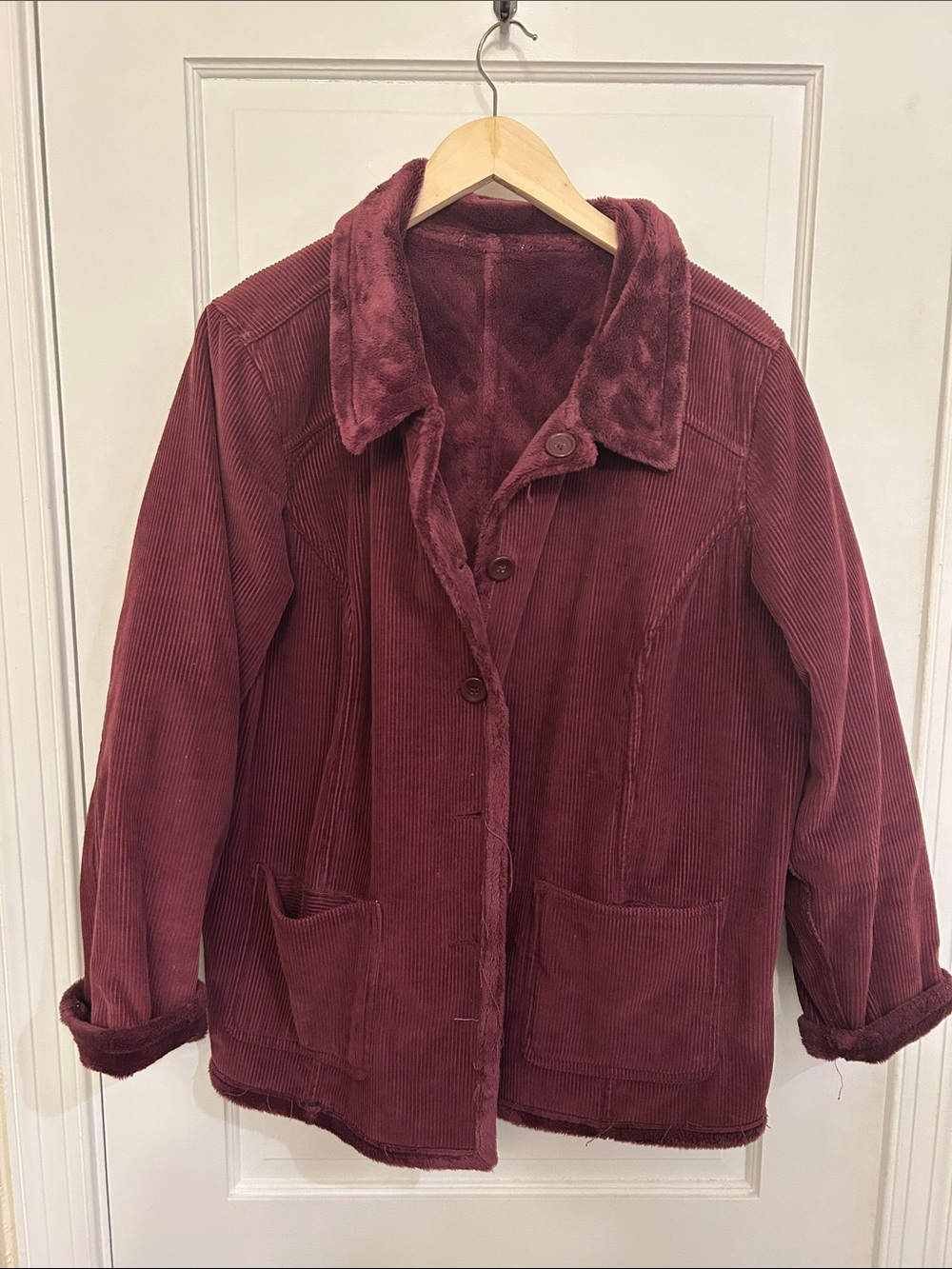 Denim & Co Reversible Women's Oversized Corduroy Button Jacket in Burgundy